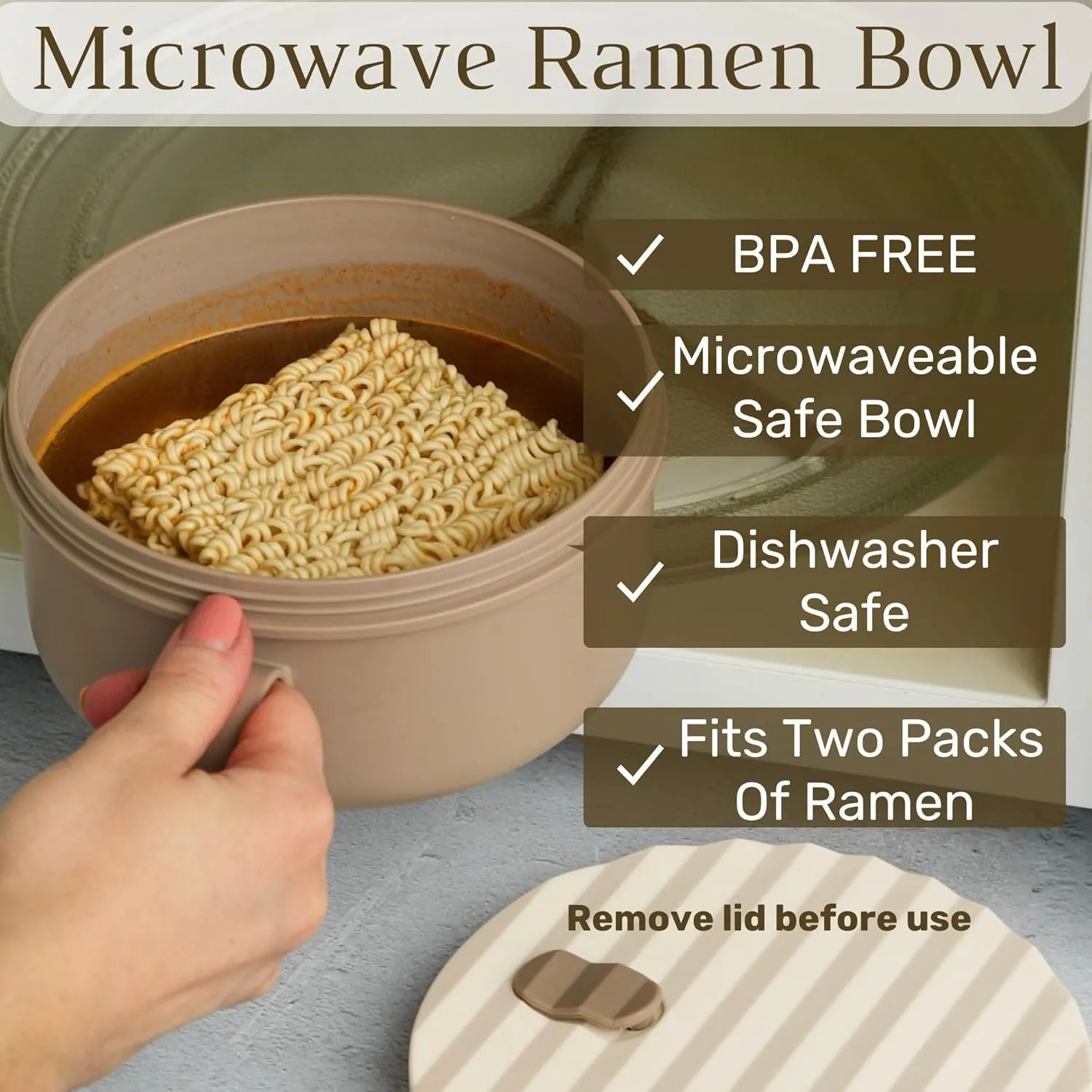 AI LOVE PEACE Ramen Bowl, 40 oz Microwaveable Noodle Cooker for Ramen, Pho, Soup, and Pasta, Dishwasher Safe and Portable, Ideal for Home, Office, Dorm, or Gift (Beige)
