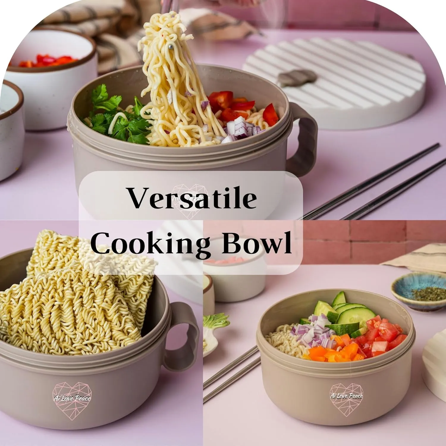 AI LOVE PEACE Ramen Bowl, 40 oz Microwaveable Noodle Cooker for Ramen, Pho, Soup, and Pasta, Dishwasher Safe and Portable, Ideal for Home, Office, Dorm, or Gift (Beige)