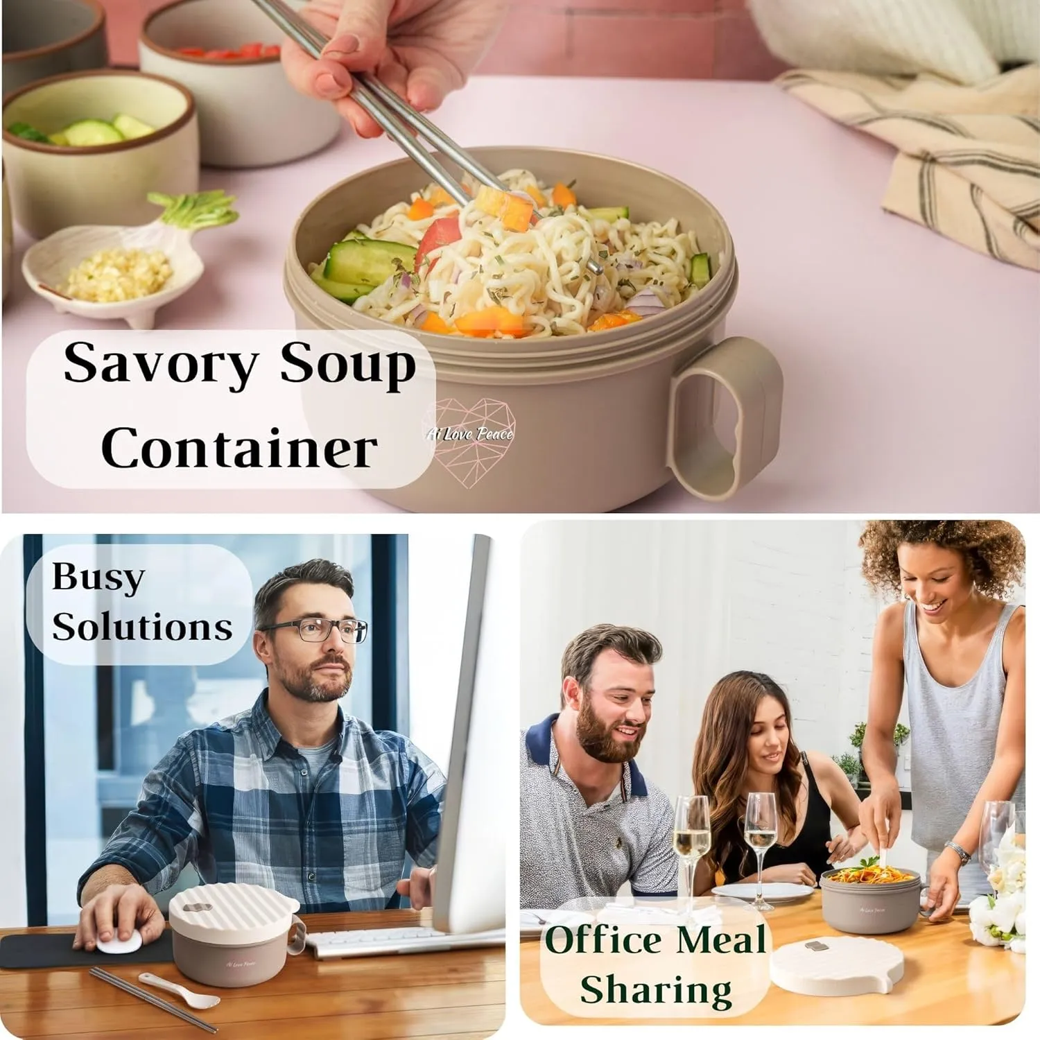 AI LOVE PEACE Ramen Bowl, 40 oz Microwaveable Noodle Cooker for Ramen, Pho, Soup, and Pasta, Dishwasher Safe and Portable, Ideal for Home, Office, Dorm, or Gift (Beige)