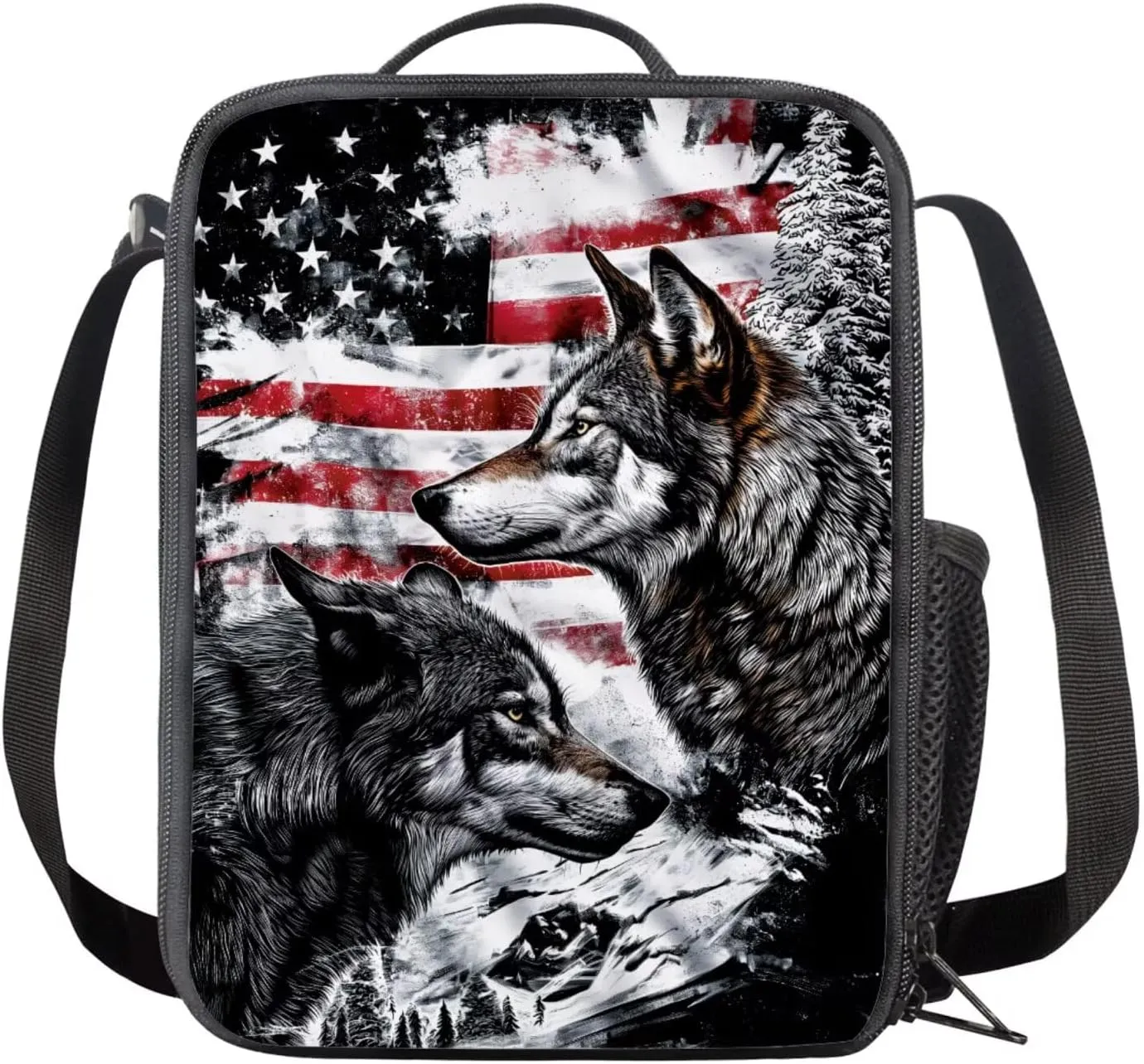 American Flag Wolf Backpack for Boys Kids Backpack with Lunch Box and Fabric Pencil Pouch 3Pcs Set 15" Large Capacity Bookbag with Front Pocket for School Sturdy Kindergarten School Bag