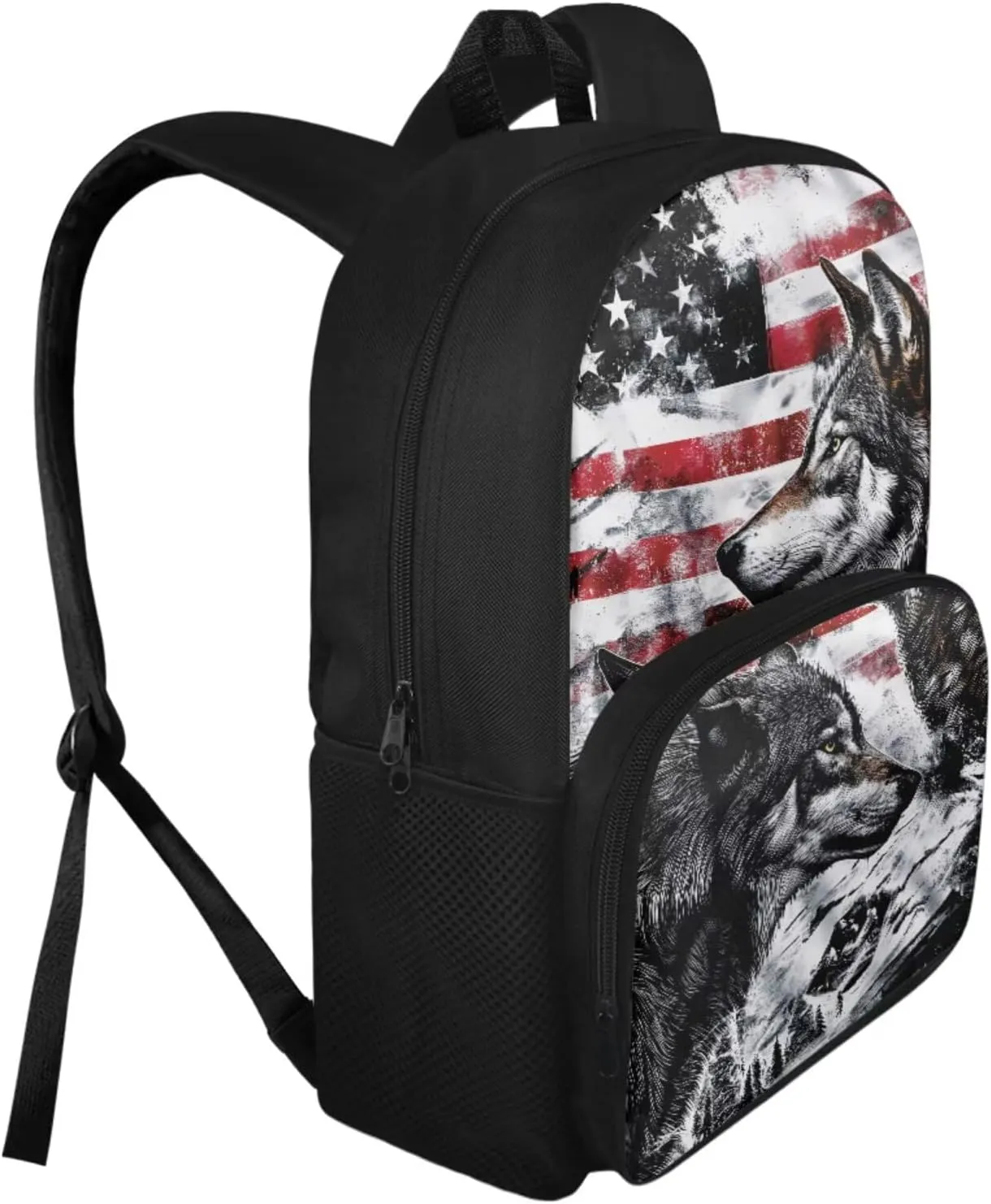 American Flag Wolf Backpack for Boys Kids Backpack with Lunch Box and Fabric Pencil Pouch 3Pcs Set 15" Large Capacity Bookbag with Front Pocket for School Sturdy Kindergarten School Bag