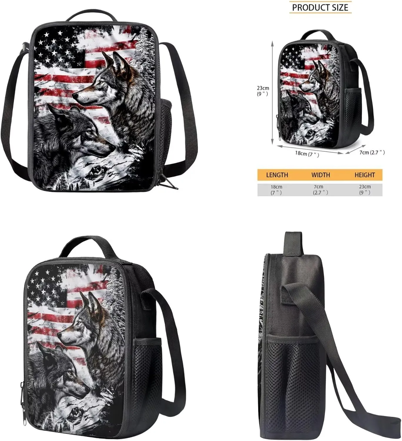 American Flag Wolf Backpack for Boys Kids Backpack with Lunch Box and Fabric Pencil Pouch 3Pcs Set 15" Large Capacity Bookbag with Front Pocket for School Sturdy Kindergarten School Bag