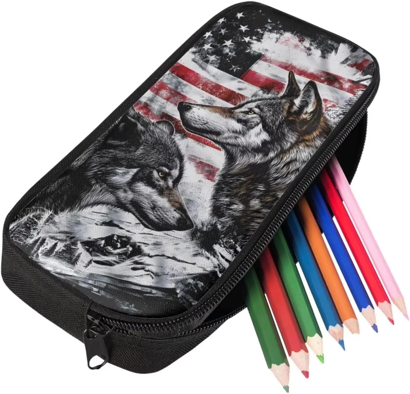 American Flag Wolf Backpack for Boys Kids Backpack with Lunch Box and Fabric Pencil Pouch 3Pcs Set 15" Large Capacity Bookbag with Front Pocket for School Sturdy Kindergarten School Bag