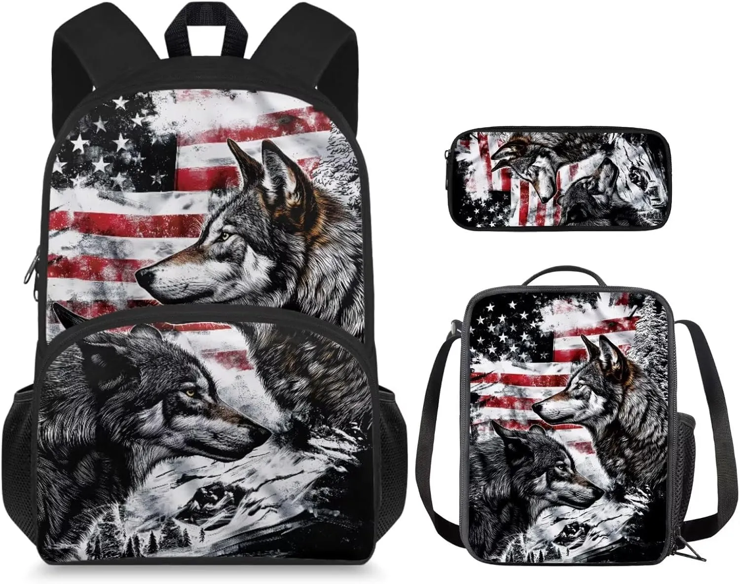 American Flag Wolf Backpack for Boys Kids Backpack with Lunch Box and Fabric Pencil Pouch 3Pcs Set 15" Large Capacity Bookbag with Front Pocket for School Sturdy Kindergarten School Bag