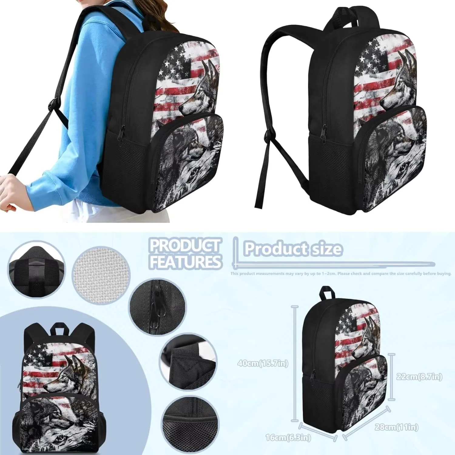 American Flag Wolf Backpack for Boys Kids Backpack with Lunch Box and Fabric Pencil Pouch 3Pcs Set 15" Large Capacity Bookbag with Front Pocket for School Sturdy Kindergarten School Bag