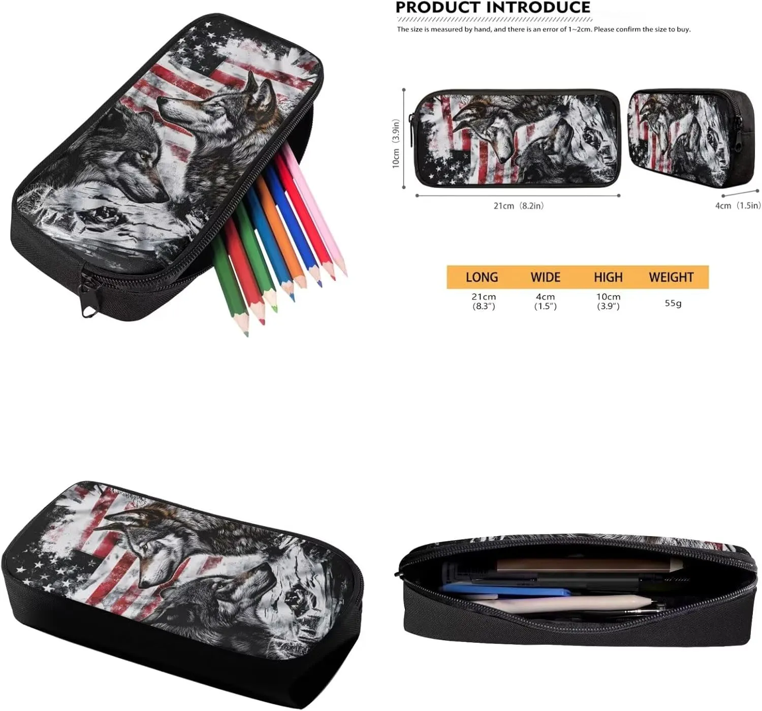 American Flag Wolf Backpack for Boys Kids Backpack with Lunch Box and Fabric Pencil Pouch 3Pcs Set 15" Large Capacity Bookbag with Front Pocket for School Sturdy Kindergarten School Bag