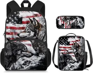 American Flag Wolf Backpack for Boys Kids Backpack with Lunch Box and Fabric Pencil Pouch 3Pcs Set 15" Large Capacity Bookbag with Front Pocket for School Sturdy Kindergarten School Bag