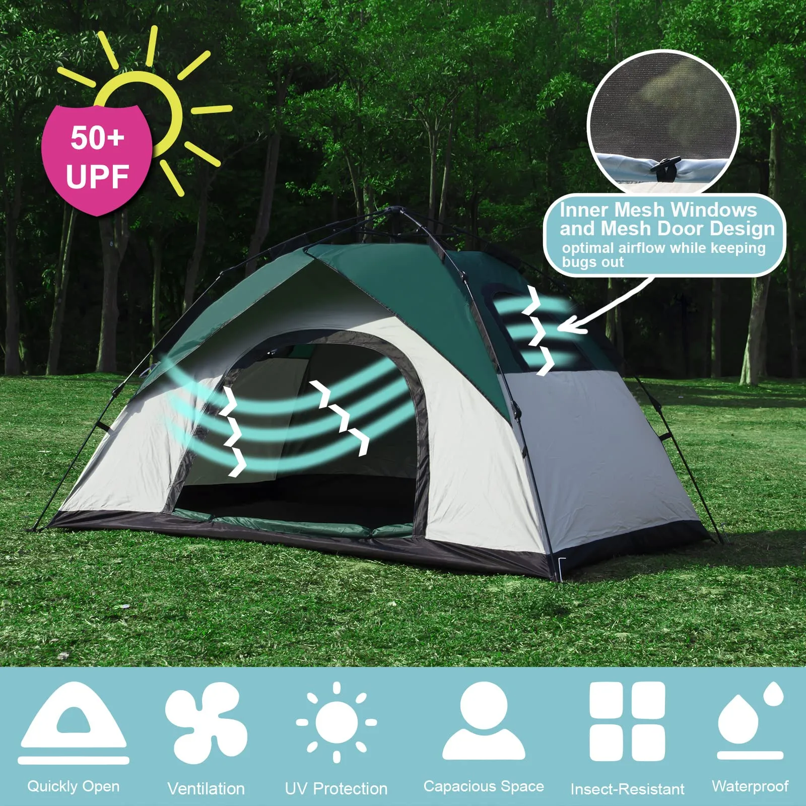anngrowy 2 Person Pop Up Camping Tent, Waterproof, Windproof, Lightweight, Portable, 82.55947in