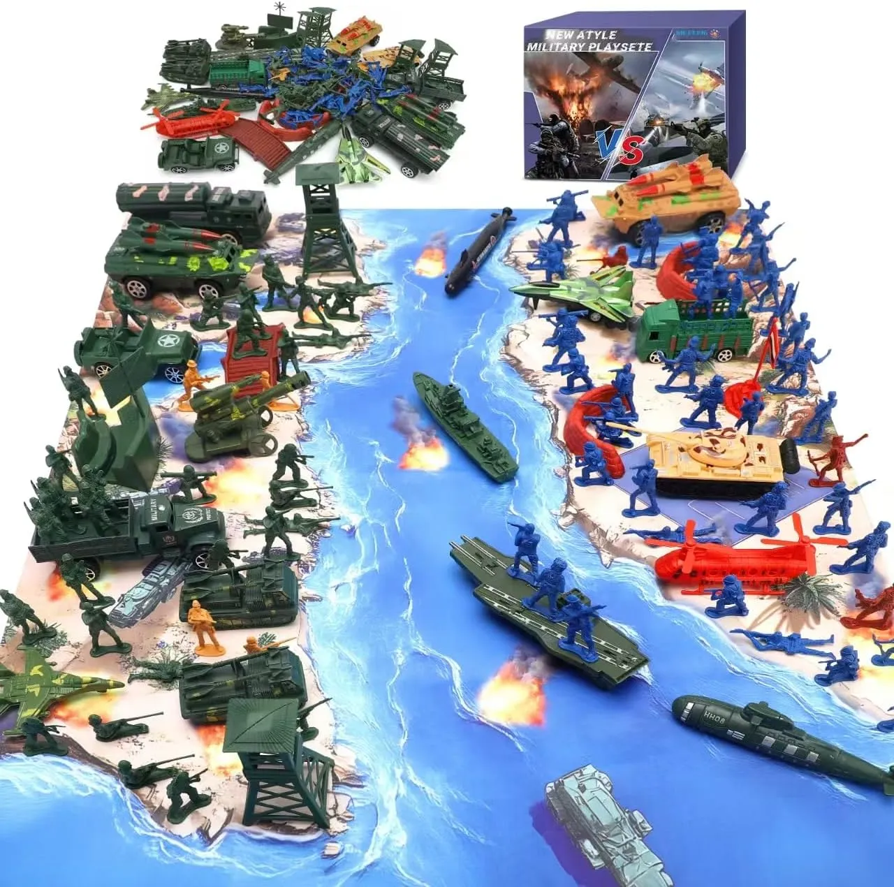 Army Men Playset, Army Men Toys Large Battle Playset-Set Includes Army Men Action Figures, Military Battle Mat, Tanks, Helicopters,Missile Vehicles , Trucks, Cannon, Tents (120 PCS) Gifts for Boys