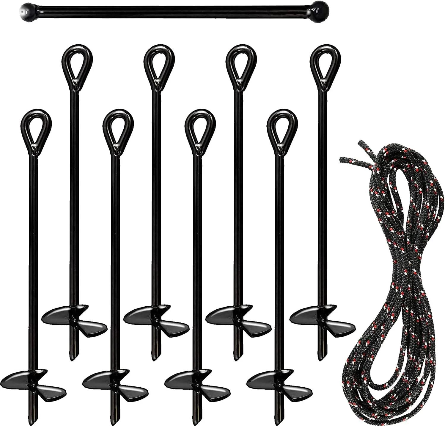 Ashman Black Ground Anchor (8 Pack) 15 Inches in Length and 10MM Thick in Diameter with 65 Feet of Rope