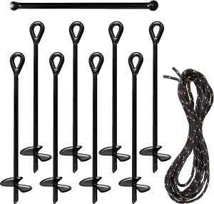 Ashman Black Ground Anchor (8 Pack) 15 Inches in Length and 10MM Thick in Diameter with 65 Feet of Rope