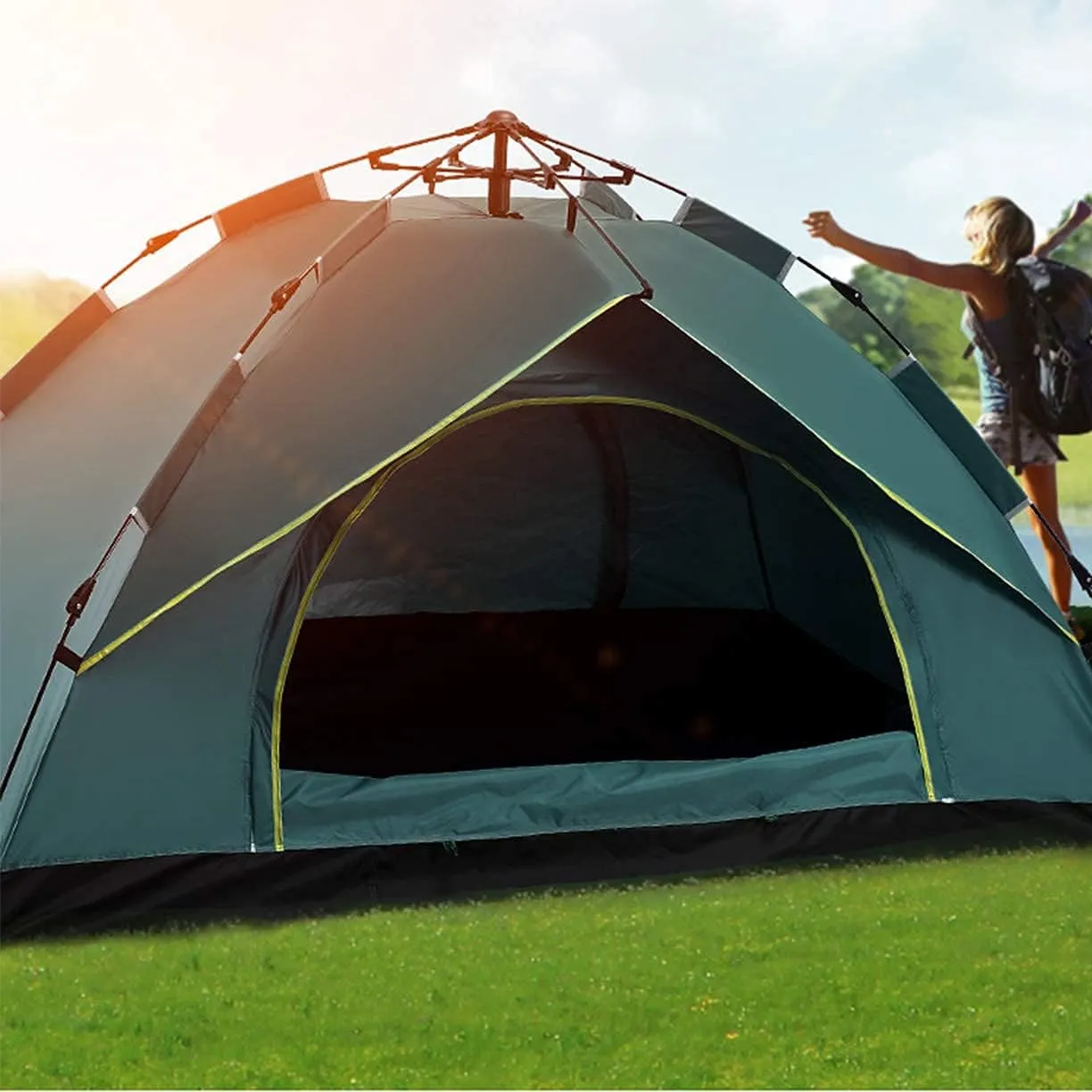 Automatic Pop Up Tent Family Camping Tent 2-3-4 Person Portable Tent Spring Type Fast Open Waterproof Windproof for Camping Hiking Mountaineering (Blue Width 1.5m) (Dark Green Width 2m)