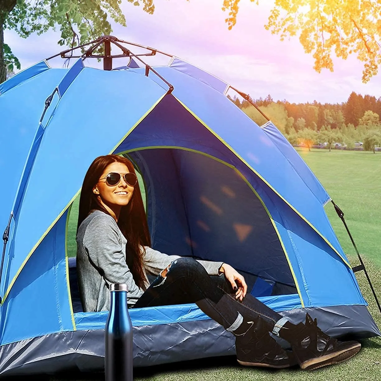 Automatic Pop Up Tent Family Camping Tent 2-3-4 Person Portable Tent Spring Type Fast Open Waterproof Windproof for Camping Hiking Mountaineering (Blue Width 1.5m) (Dark Green Width 2m)