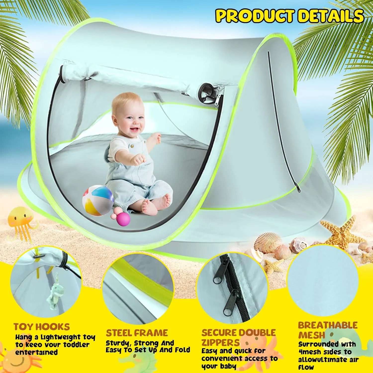 Baby Beach Tent, Large Pop Up Beach Tent, Portable Baby Travel Tent, Indoor Baby Play Tent, Lightweight & Easy Setup Beach Shade Canopy, UPF 50  U.V Protection Sun Shelters (Blue, General)