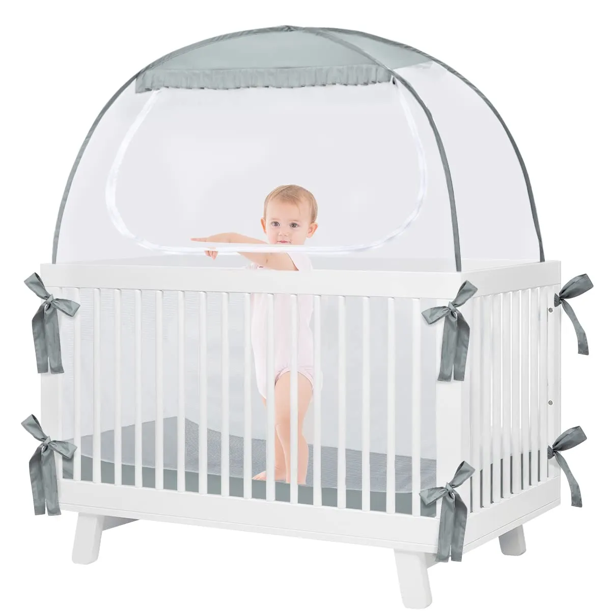 Baby Crib Tent, Pop Up Crib Canopy to Keep Baby from Climbing Out, Safety Crib Net Mosquitoes Net with See-Through Mesh, Fits Most Standard Cribs