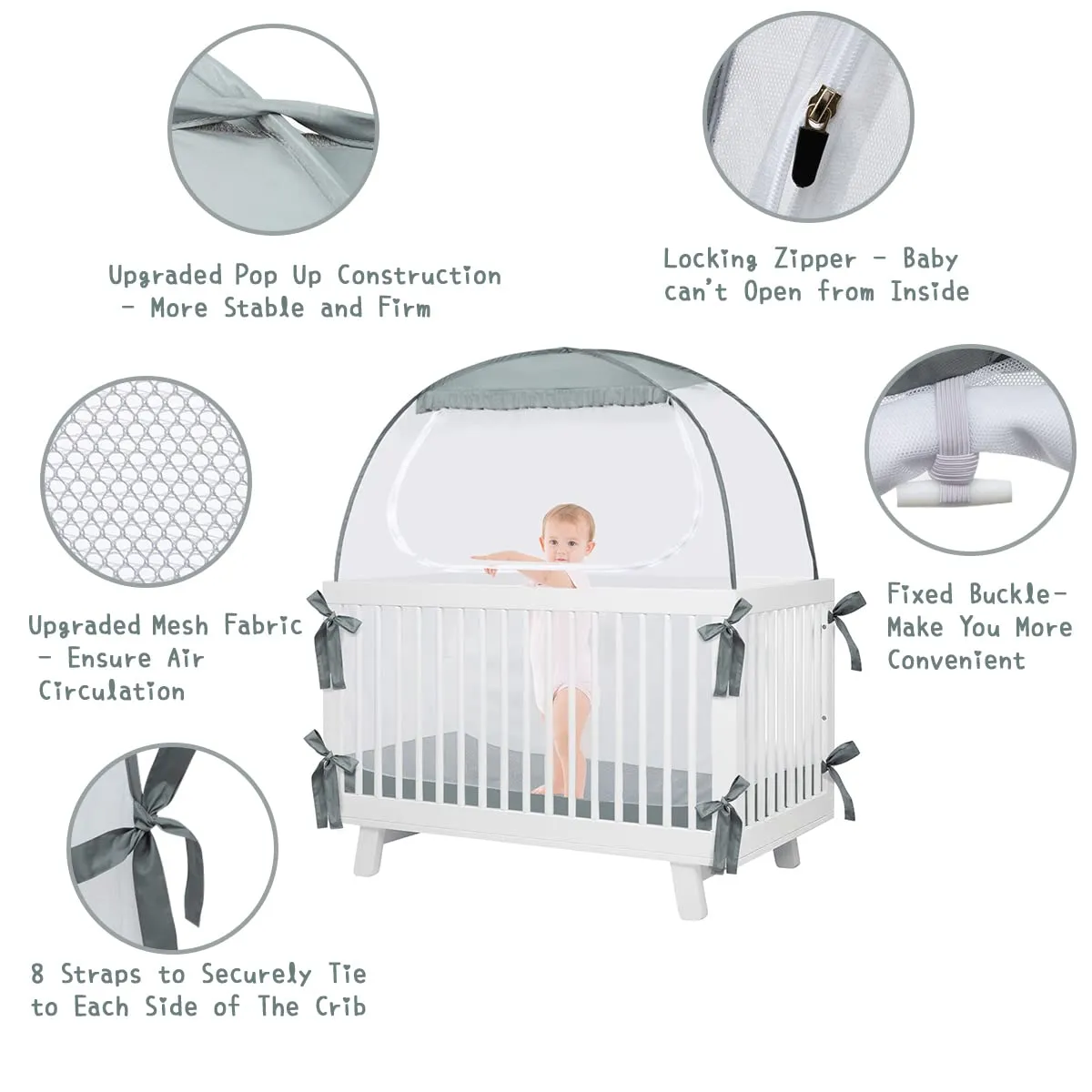 Baby Crib Tent, Pop Up Crib Canopy to Keep Baby from Climbing Out, Safety Crib Net Mosquitoes Net with See-Through Mesh, Fits Most Standard Cribs