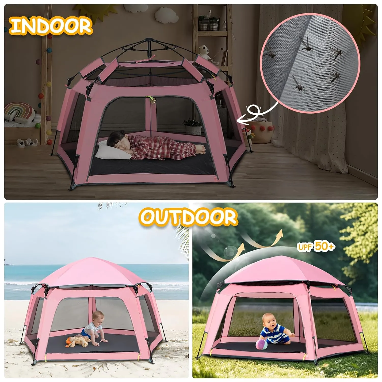 Baby Playpen Pop-up Tent - Outdoor & Indoor Play Tent for Beach with Canopy Travel Bag Portable Play Yard for Babies & Toddlers (Pink)