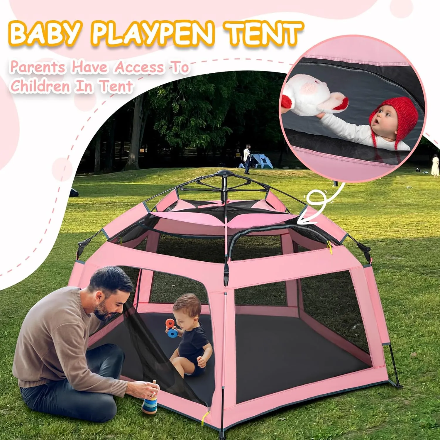 Baby Playpen Pop-up Tent - Outdoor & Indoor Play Tent for Beach with Canopy Travel Bag Portable Play Yard for Babies & Toddlers (Pink)