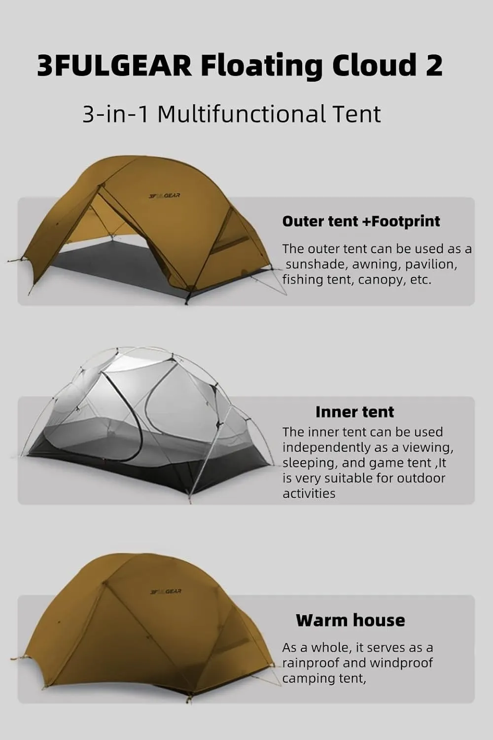 Backpacking Tent, Floating Cloud 2 Easy Setup 2 Person 3/4 Season Ultralight Tents Waterproof Windproof Double Layer Lightweight Outdoor Tent for Camping, Hiking, Hunting, Survival