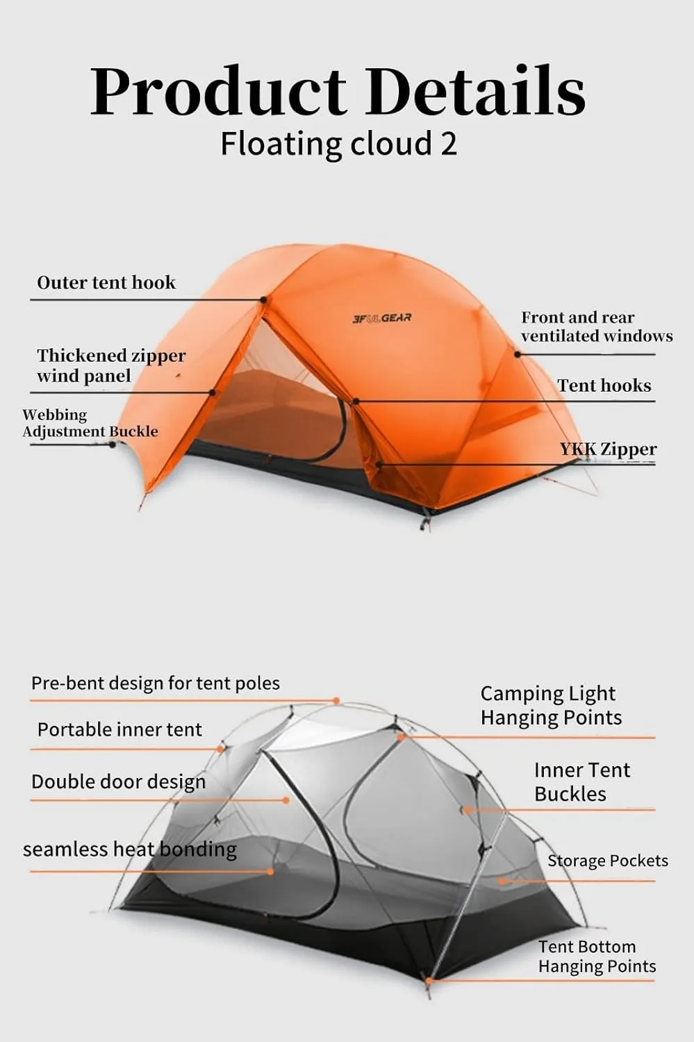 Backpacking Tent, Floating Cloud 2 Easy Setup 2 Person 3/4 Season Ultralight Tents Waterproof Windproof Double Layer Lightweight Outdoor Tent for Camping, Hiking, Hunting, Survival