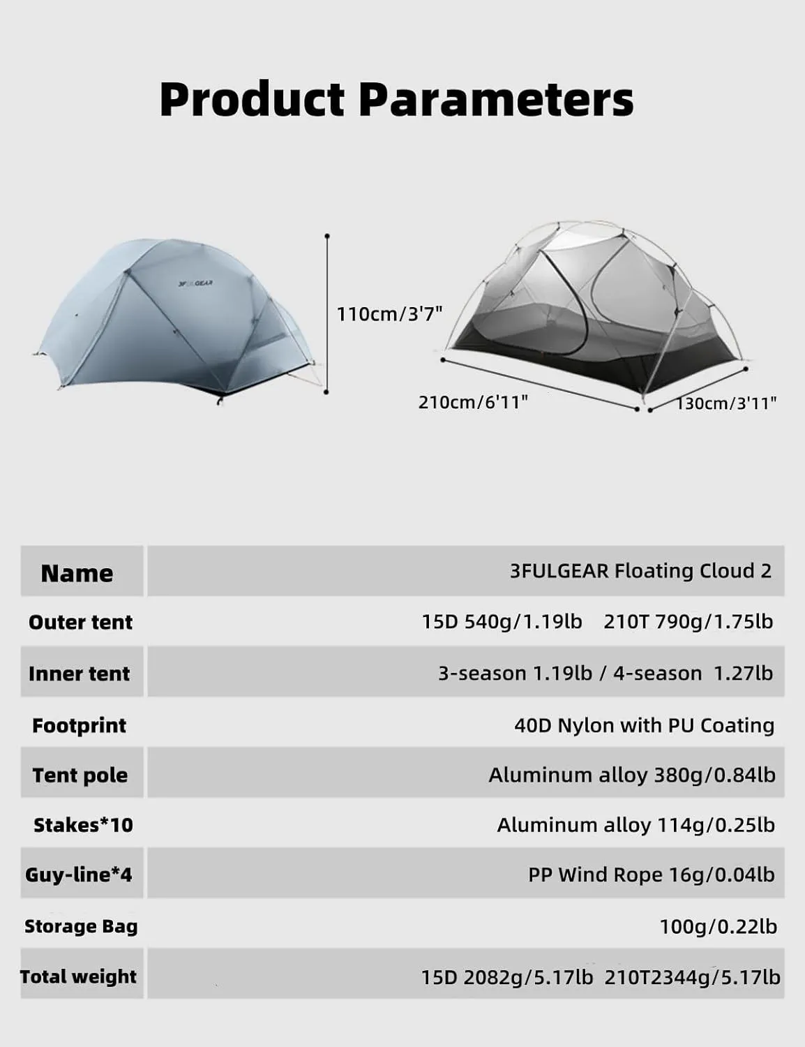 Backpacking Tent, Floating Cloud 2 Easy Setup 2 Person 3/4 Season Ultralight Tents Waterproof Windproof Double Layer Lightweight Outdoor Tent for Camping, Hiking, Hunting, Survival
