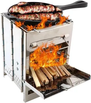 Basket Grill, Wood Burning Camp Stove, Folding Stainless Steel 304# Grill, Small/Large Portable Backpacking Stove for Hiking Camping Cooking BBQ (Color : Silver, Size : 14x14x21cm) (Silver 21x21x27cm