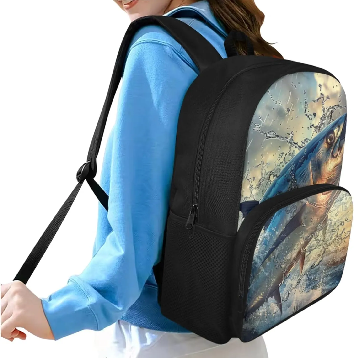 Bassfish Backpack for Boys Kids Backpack with Lunch Box and Zipper Pencil Pouch 3 Pcs Set 15" Large Capacity Bookbag with Front Pocket for School Lightweight School Bag for Kindergarten Boy