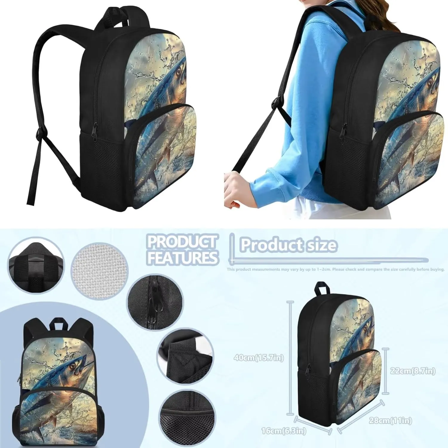 Bassfish Backpack for Boys Kids Backpack with Lunch Box and Zipper Pencil Pouch 3 Pcs Set 15" Large Capacity Bookbag with Front Pocket for School Lightweight School Bag for Kindergarten Boy