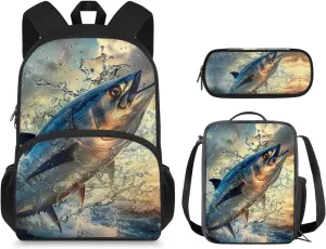 Bassfish Backpack for Boys Kids Backpack with Lunch Box and Zipper Pencil Pouch 3 Pcs Set 15" Large Capacity Bookbag with Front Pocket for School Lightweight School Bag for Kindergarten Boy