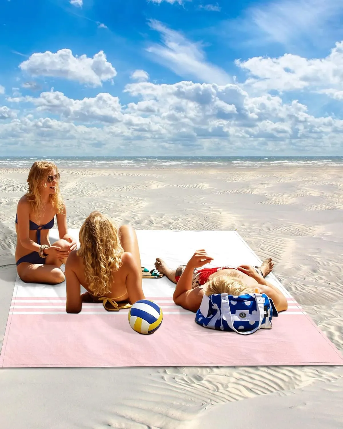 Beach Blanket Pink White Stripes Sandproof Waterproof Beach Mat Modern Geometry Quick Drying Beach Essentials for Vacation Lightweight Oversized Picnic Blanket with 4 Stakes & Corner Pockets 118"x108"