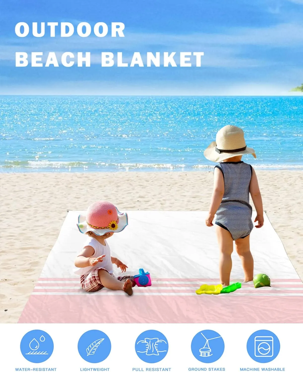 Beach Blanket Pink White Stripes Sandproof Waterproof Beach Mat Modern Geometry Quick Drying Beach Essentials for Vacation Lightweight Oversized Picnic Blanket with 4 Stakes & Corner Pockets 118"x108"