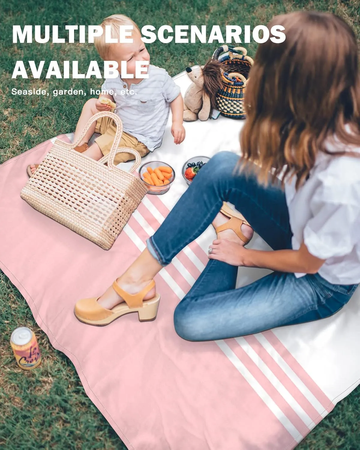 Beach Blanket Pink White Stripes Sandproof Waterproof Beach Mat Modern Geometry Quick Drying Beach Essentials for Vacation Lightweight Oversized Picnic Blanket with 4 Stakes & Corner Pockets 118"x108"