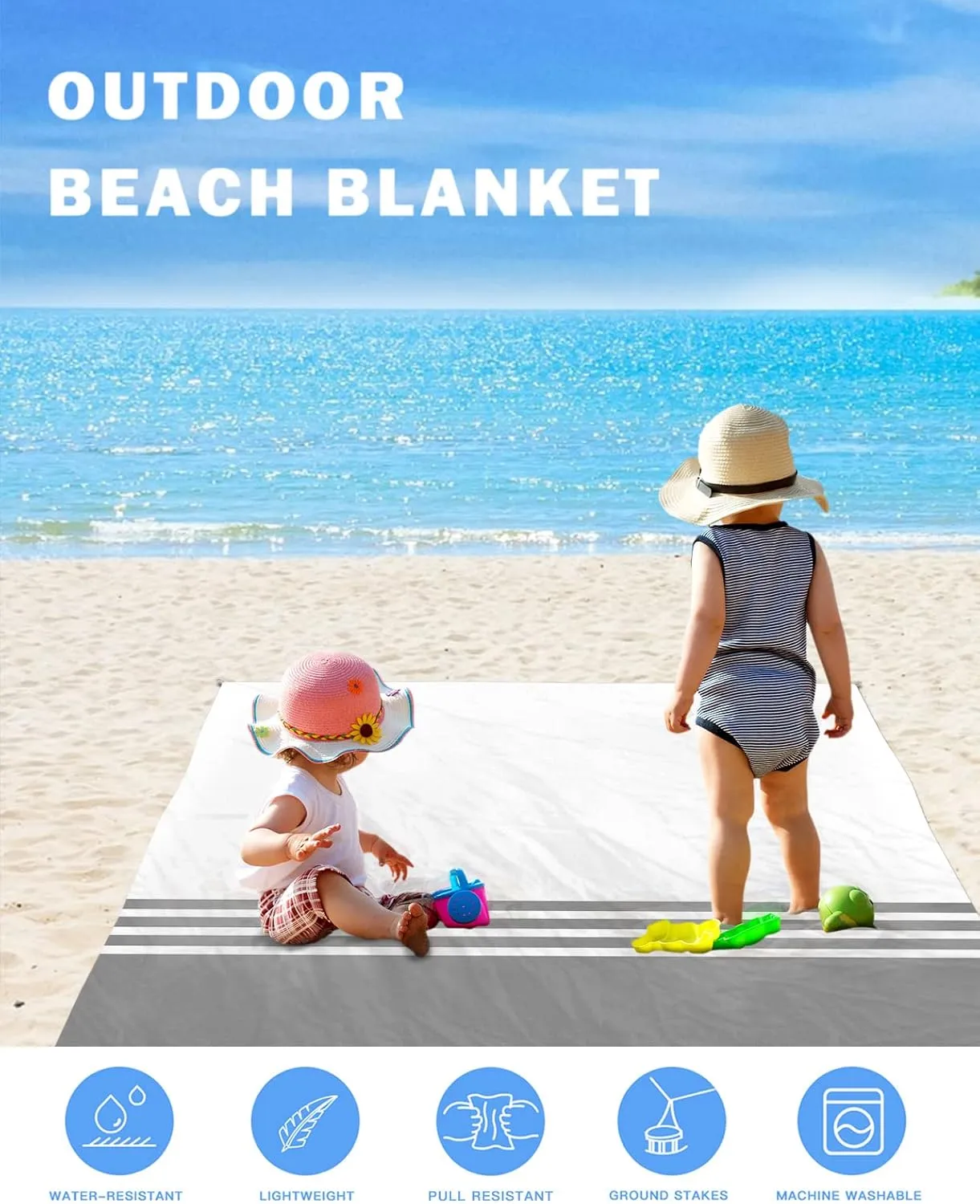 Beach Blanket White Grey Stripes Sandproof Waterproof Beach Mat Modern Sand Free Mat Quick Drying Lightweight with 4 Stakes & Corner Pockets 108"x84" Beach Accessories for Travel, Camping, Hiking