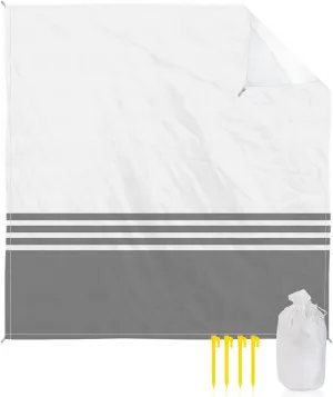 Beach Blanket White Grey Stripes Sandproof Waterproof Beach Mat Modern Sand Free Mat Quick Drying Lightweight with 4 Stakes & Corner Pockets 108"x84" Beach Accessories for Travel, Camping, Hiking