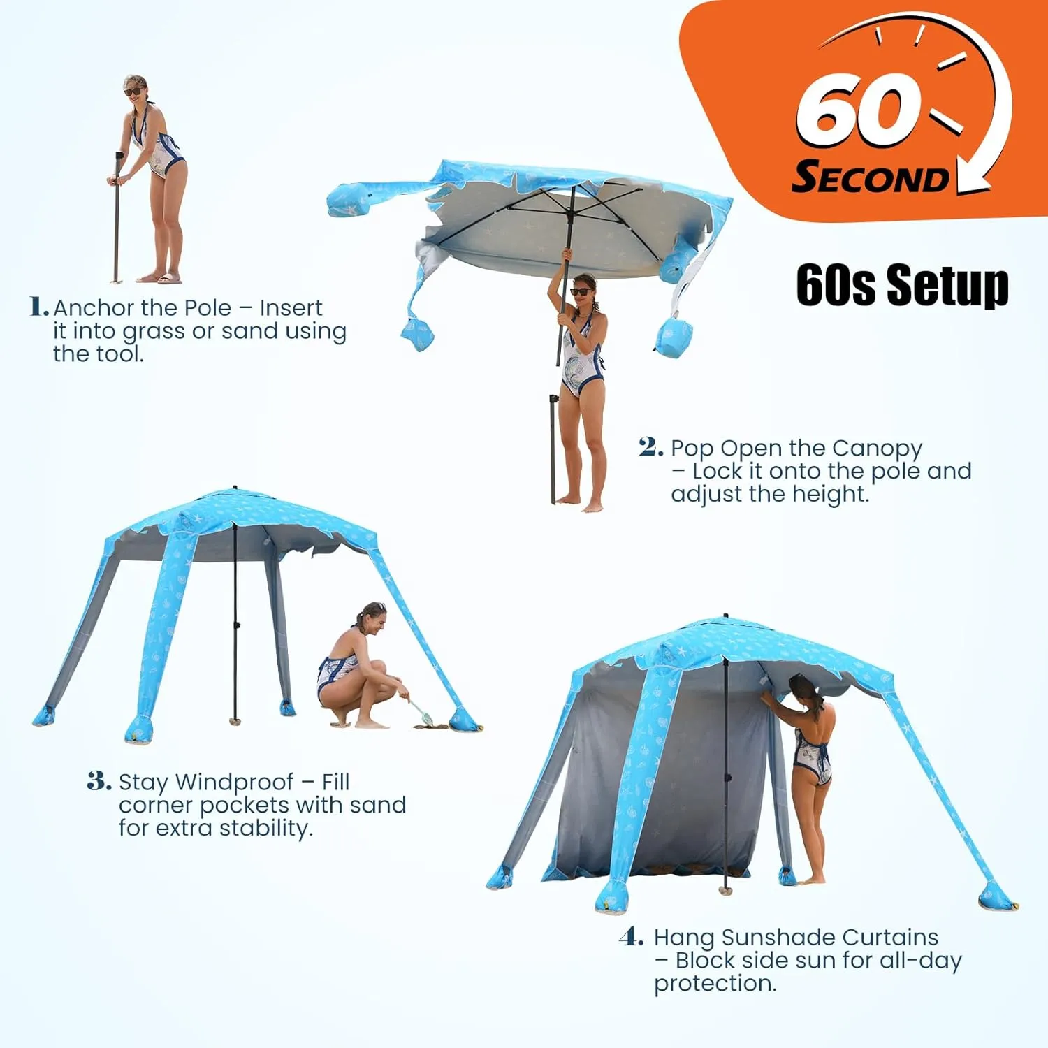 Beach Cabana - 6FT Beach Umbrella with UPF 100  UV Protection & Sunshade Curtain - Waterproof Tent - Portable Shade, Easy to Set Up, Perfect for Family & Friends (Shell)