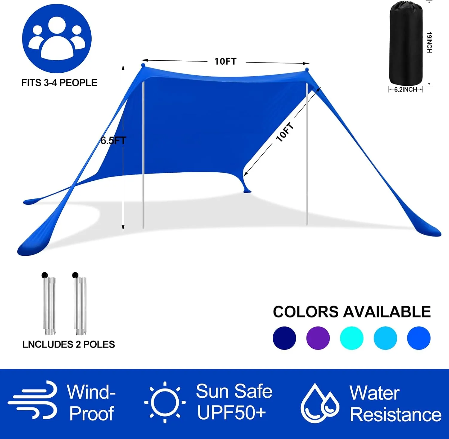 Beach Canopy, Pop Up Beach Tent Sun Shelter UPF50  w/Sand Shovel, Outdoor Canopy Sun Shade for Camping Trips, Fishing, Lawn, Picnics, Ground Pegs, Windproof Poles & Ropes, Storage Bag