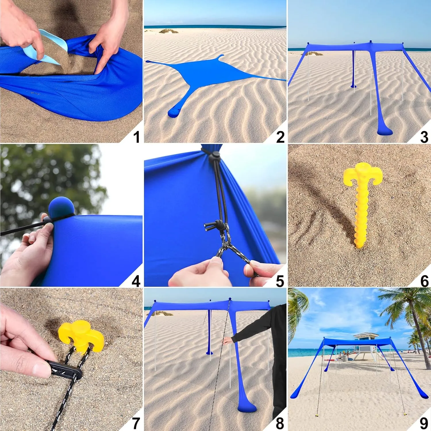 Beach Canopy, Pop Up Beach Tent Sun Shelter UPF50  w/Sand Shovel, Outdoor Canopy Sun Shade for Camping Trips, Fishing, Lawn, Picnics, Ground Pegs, Windproof Poles & Ropes, Storage Bag