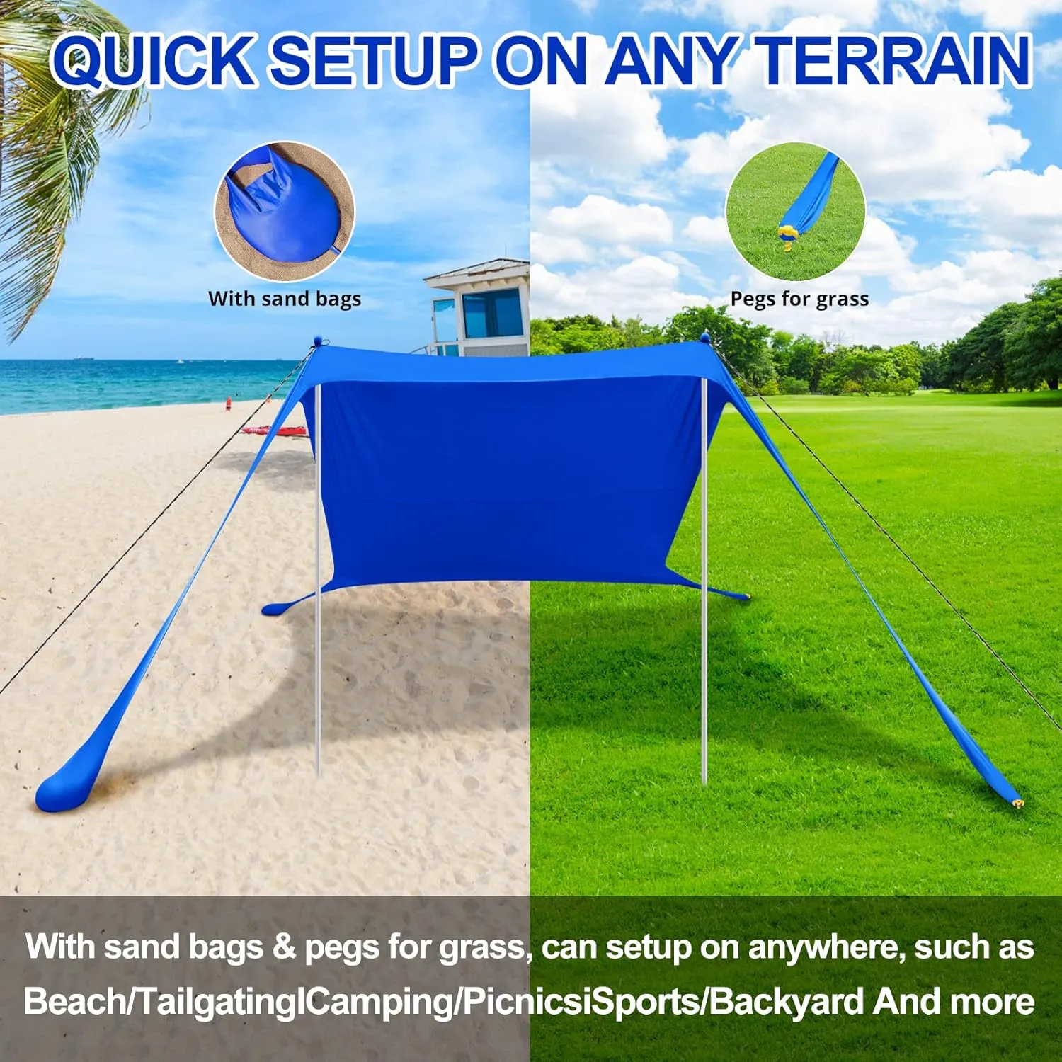 Beach Canopy, Pop Up Beach Tent Sun Shelter UPF50  w/Sand Shovel, Outdoor Canopy Sun Shade for Camping Trips, Fishing, Lawn, Picnics, Ground Pegs, Windproof Poles & Ropes, Storage Bag