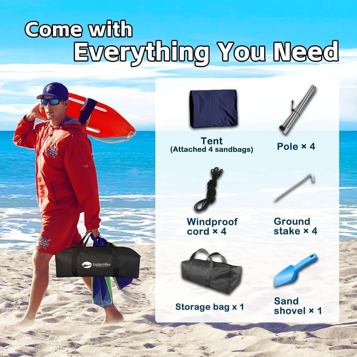 Beach Shade Tent, Portable Easy Pop Up Beach Canopy, UPF50  Sun Protection Shelter, Windproof & Water Resistant, Perfect for Family