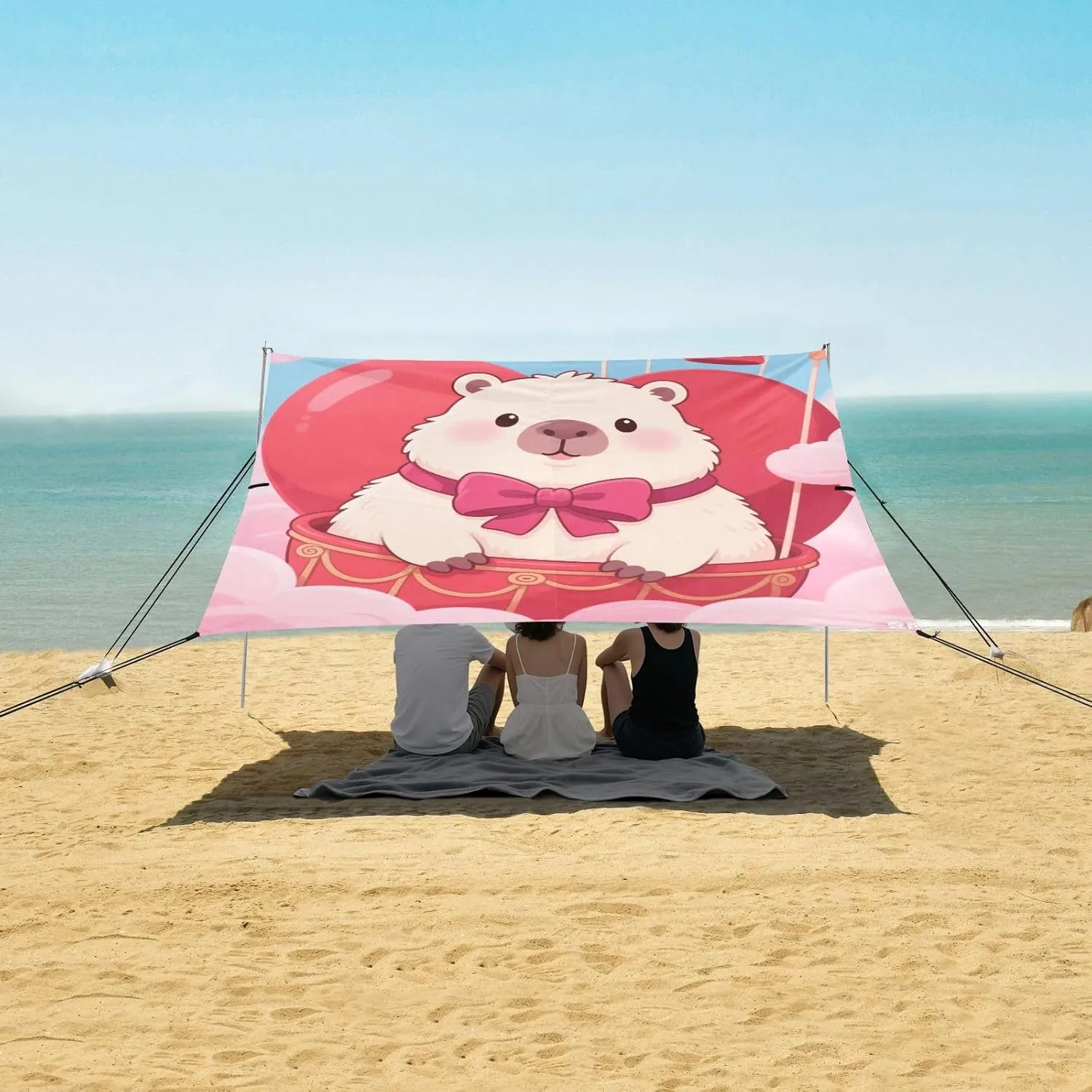 Beach Shade Tent with UPF50  UV Protection,Capybara in Heart Shaped Balloon Lightweight Camping Sun Shelter for Outdoor,Camping Trips, Fishing, Backyard,Picnics,Easy Set Up and Carry 9x10.5 FT