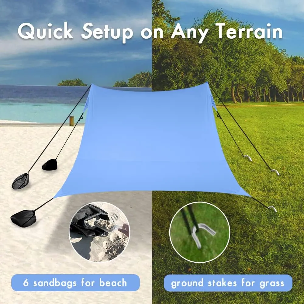 Beach Shade Windproof Design, Sun Shelter UPF50  Portable Family Tent with 6 Sandbags Anchors 10x10 FT 2 Pole Pop Up Outdoor Shelter for Beach, Camping, Fishing, Backyard and Picnics
