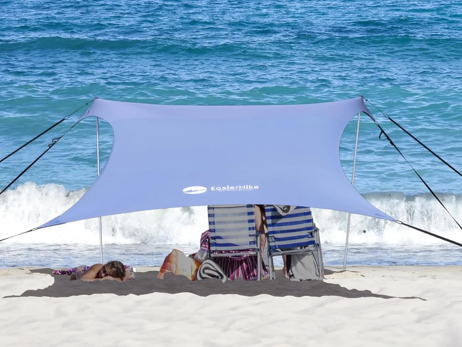 Beach Shade Windproof Design, Sun Shelter UPF50  Portable Family Tent with 6 Sandbags Anchors 10x10 FT 2 Pole Pop Up Outdoor Shelter for Beach, Camping, Fishing, Backyard and Picnics