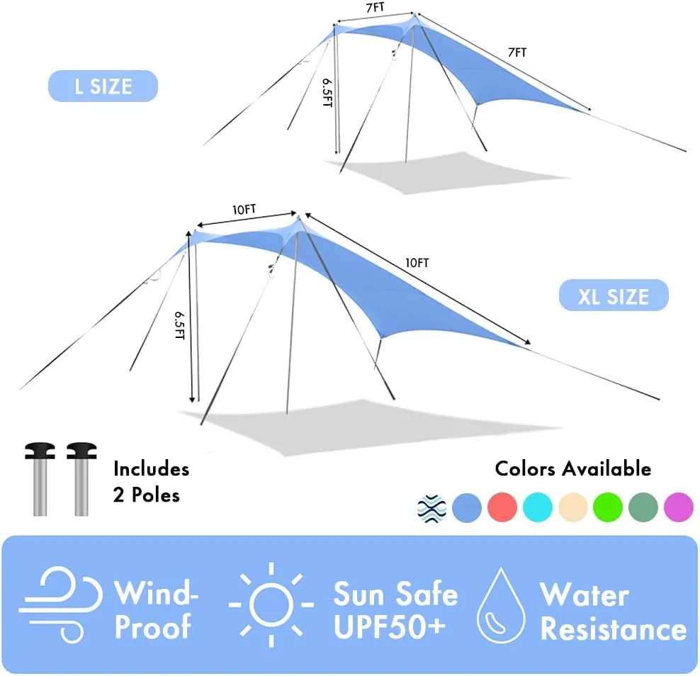 Beach Shade Windproof Design, Sun Shelter UPF50  Portable Family Tent with 6 Sandbags Anchors 10x10 FT 2 Pole Pop Up Outdoor Shelter for Beach, Camping, Fishing, Backyard and Picnics