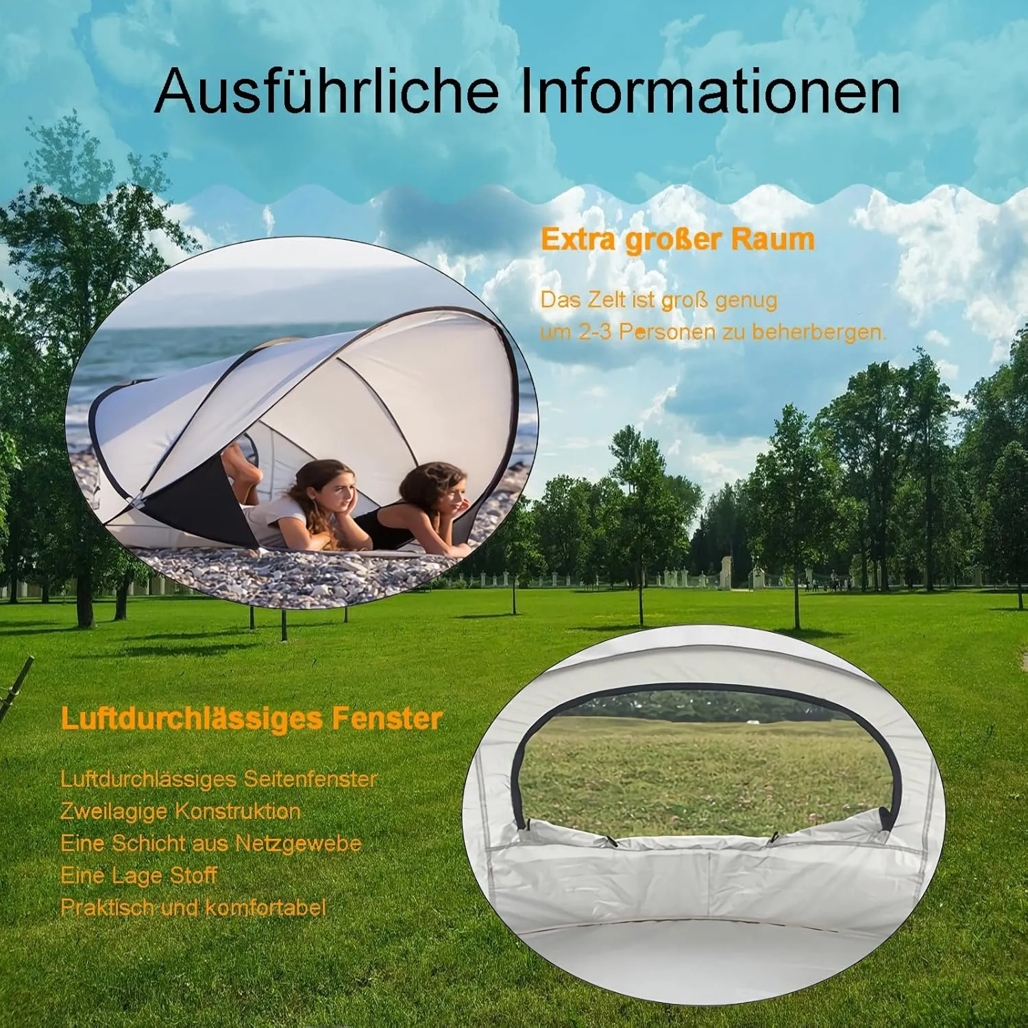 Beach Shelter, 1-3 Person Automatic Instant Pop Up Beach Tent, UV Protection 50  Sunshade Portable Extra Light Pop Up Tent for Garden, Fishing, Picnic