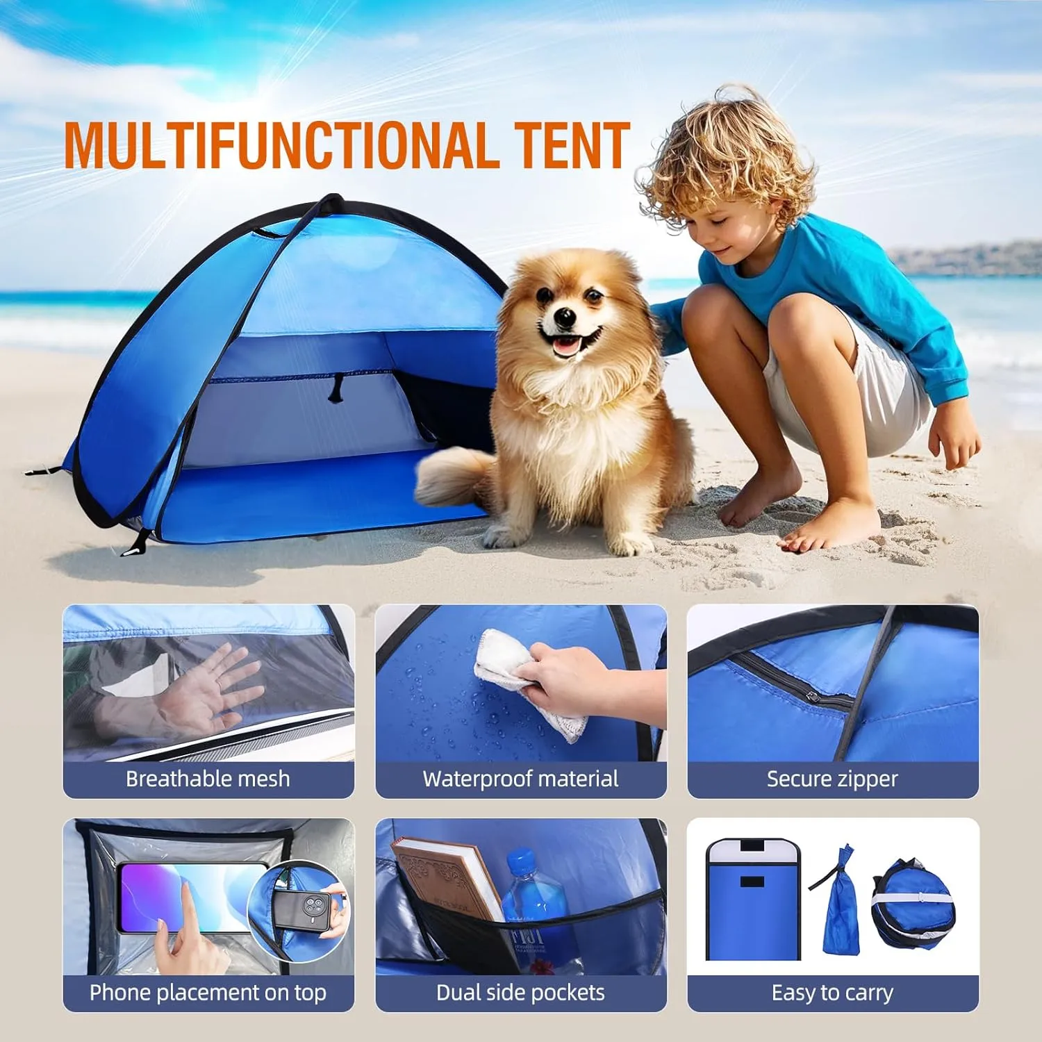 Beach Sun Shelters, Instant Sun Shade Canopy Head PopUp Canopy Automatic Shade Tent for Camping, Portable Windproof Waterproof with Mobile Phone Stand with Tent Nails, with Breathable Mesh, 70cm