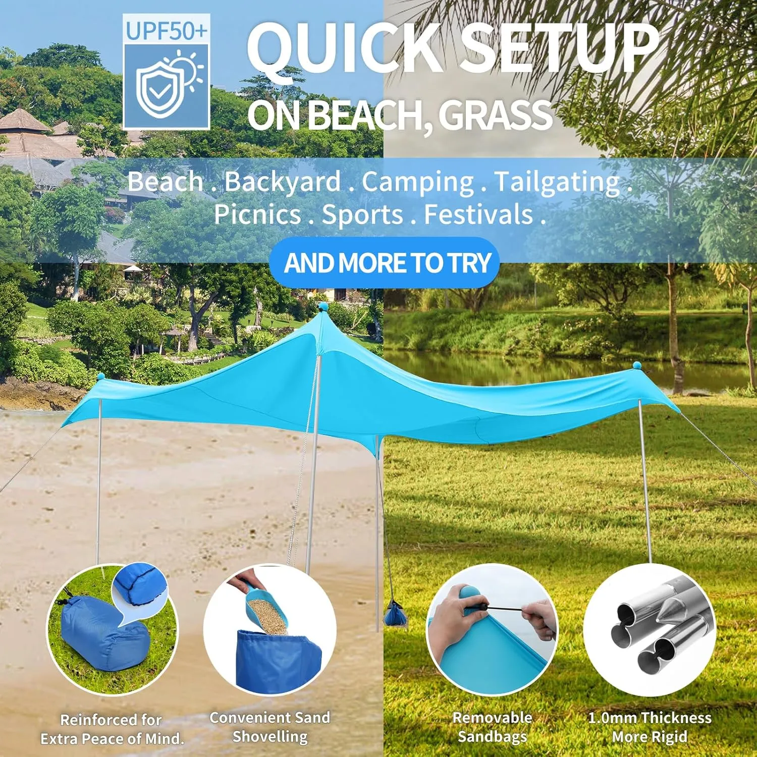 Beach Tent Beach Canopy, 10×10FT with 4 Aluminum Poles Beach Shade - with UPF50  UV Protection, Sandbags, Sand Shovels, Stakes Sun Shelter for Beach, Fishing, Backyard Fun, Camping