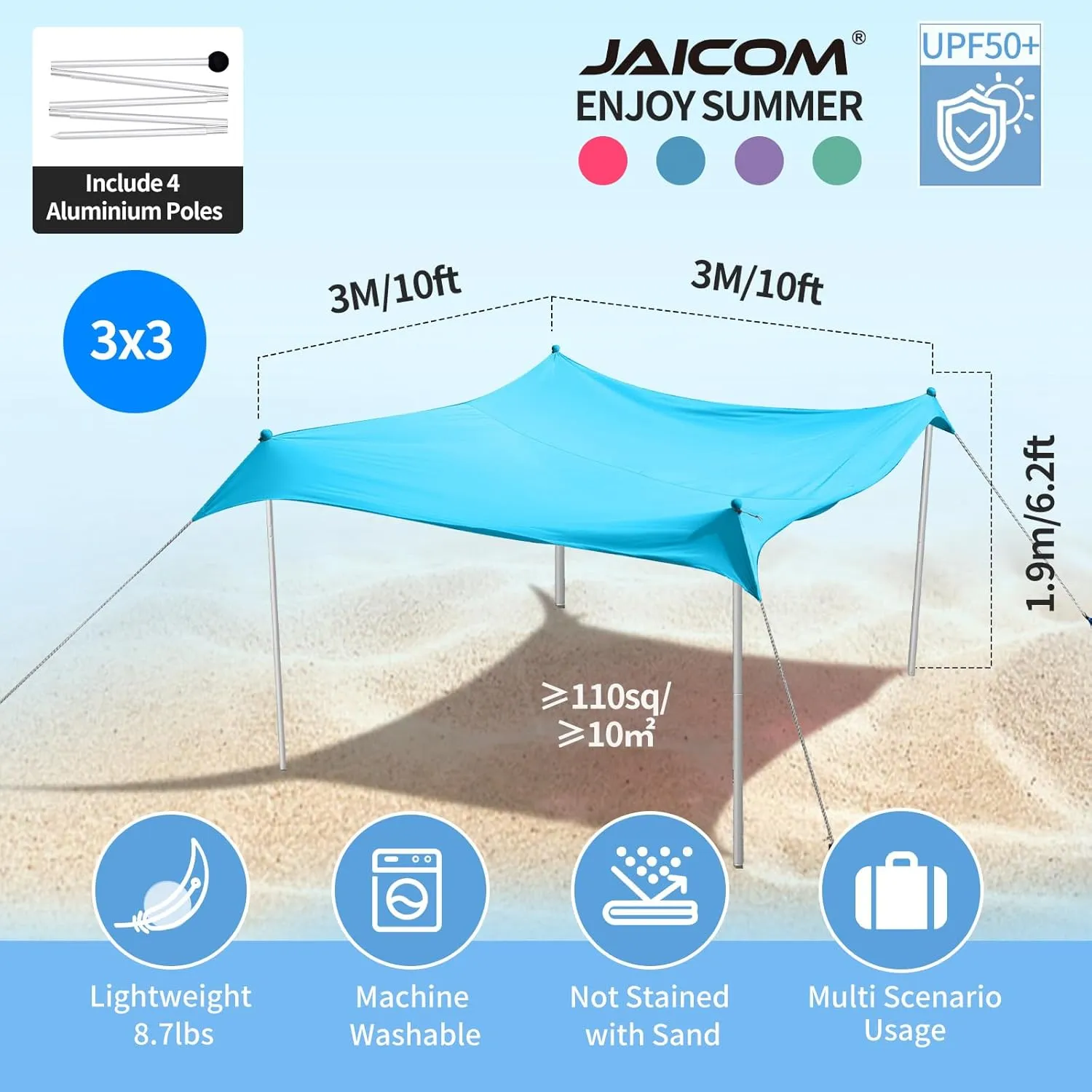 Beach Tent Beach Canopy, 10×10FT with 4 Aluminum Poles Beach Shade - with UPF50  UV Protection, Sandbags, Sand Shovels, Stakes Sun Shelter for Beach, Fishing, Backyard Fun, Camping