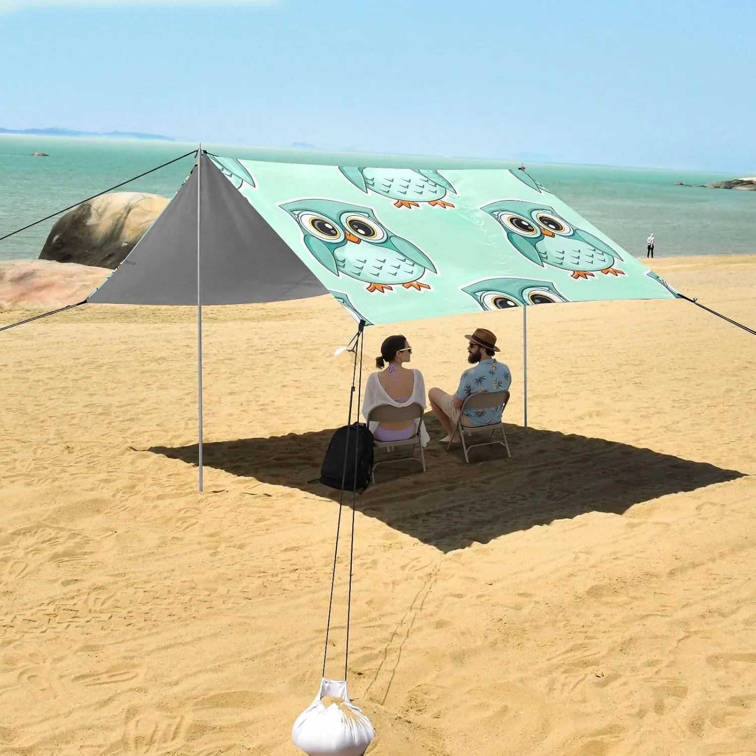 Beach Tent Canopy 9.2 × 10.5 FT Patio Sun Shade Outdoor Cute Cartoon Owls Turquoise Kids Travel Camping Sun Shelter Windproof with Poles Sandbags Easy