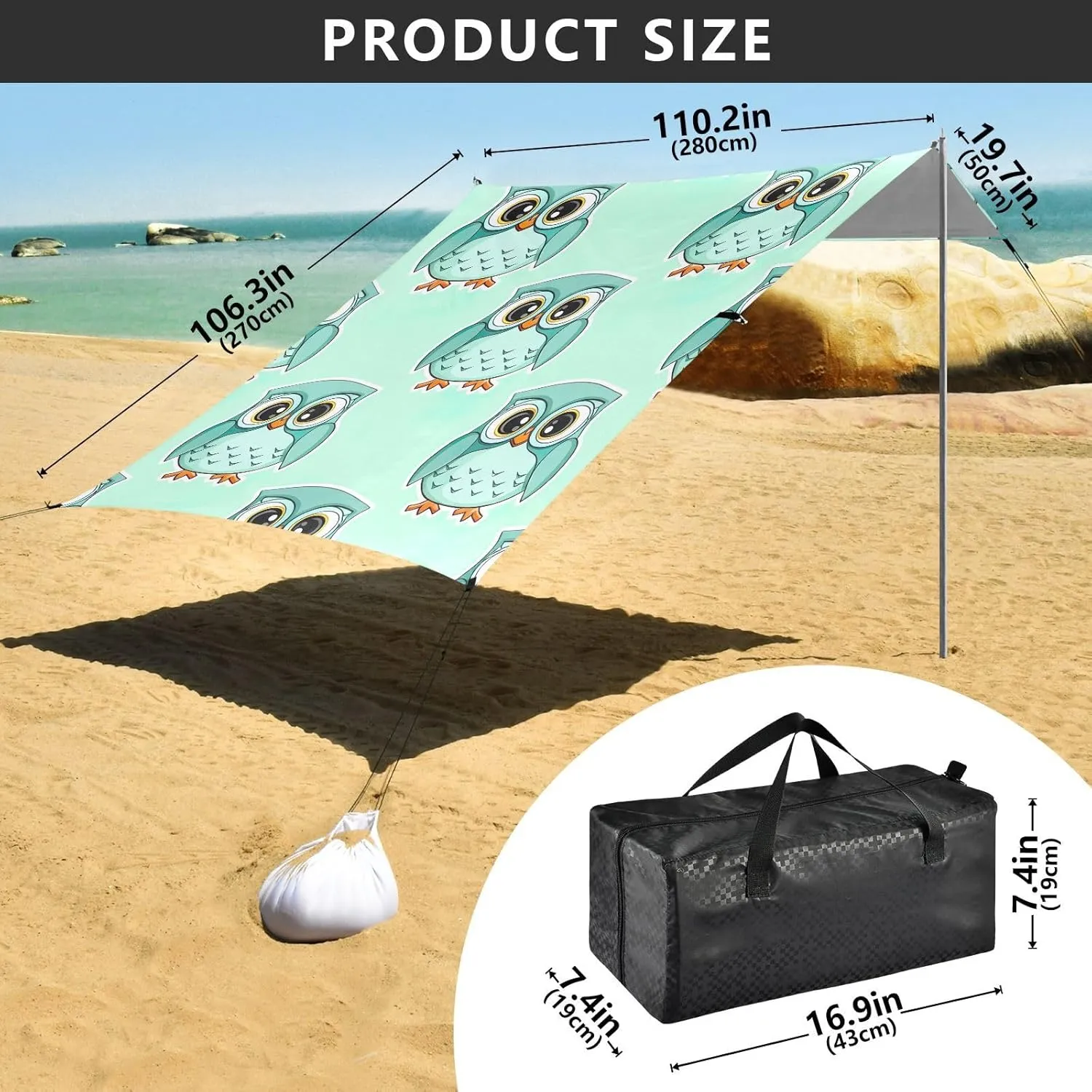 Beach Tent Canopy 9.2 × 10.5 FT Patio Sun Shade Outdoor Cute Cartoon Owls Turquoise Kids Travel Camping Sun Shelter Windproof with Poles Sandbags Easy