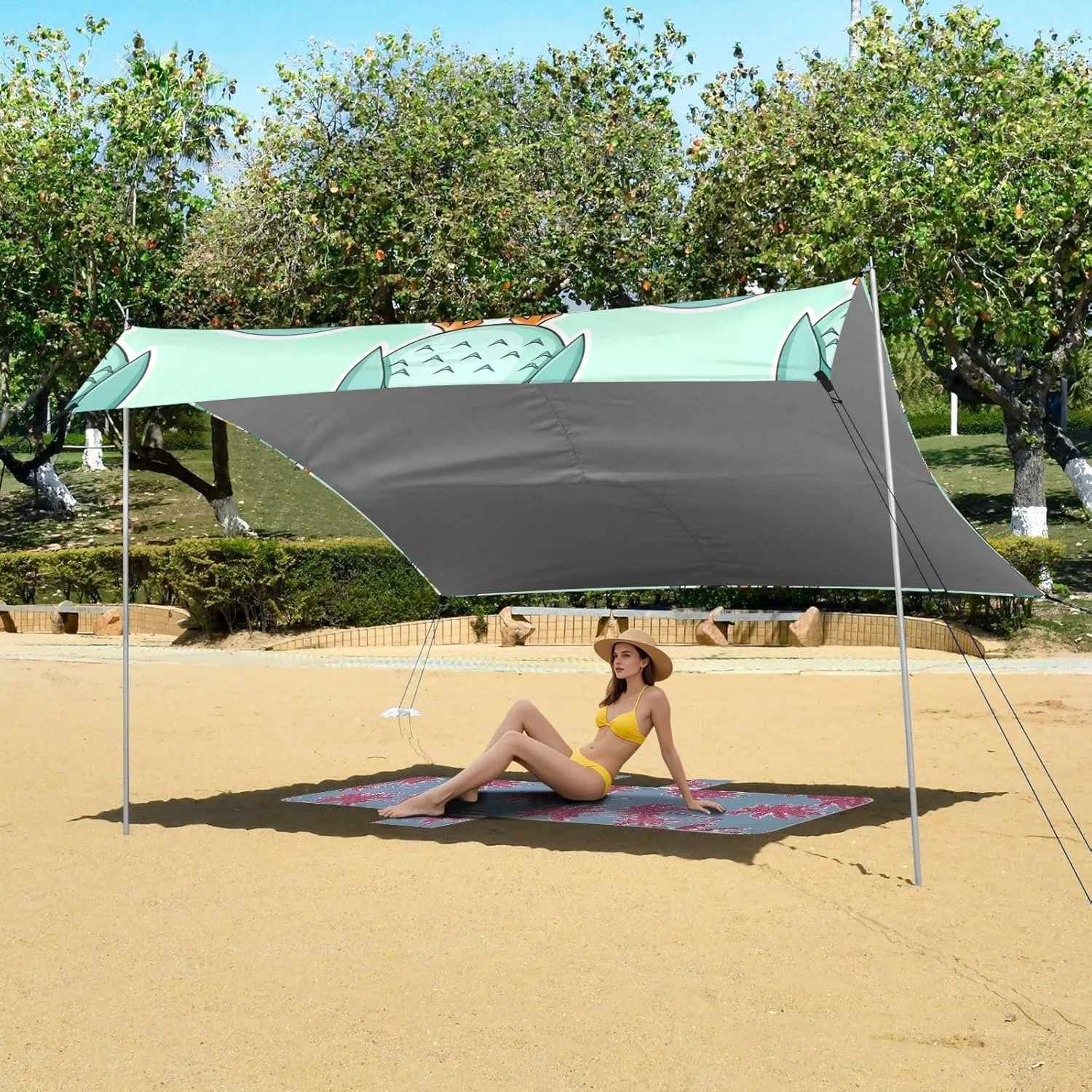 Beach Tent Canopy 9.2 × 10.5 FT Patio Sun Shade Outdoor Cute Cartoon Owls Turquoise Kids Travel Camping Sun Shelter Windproof with Poles Sandbags Easy